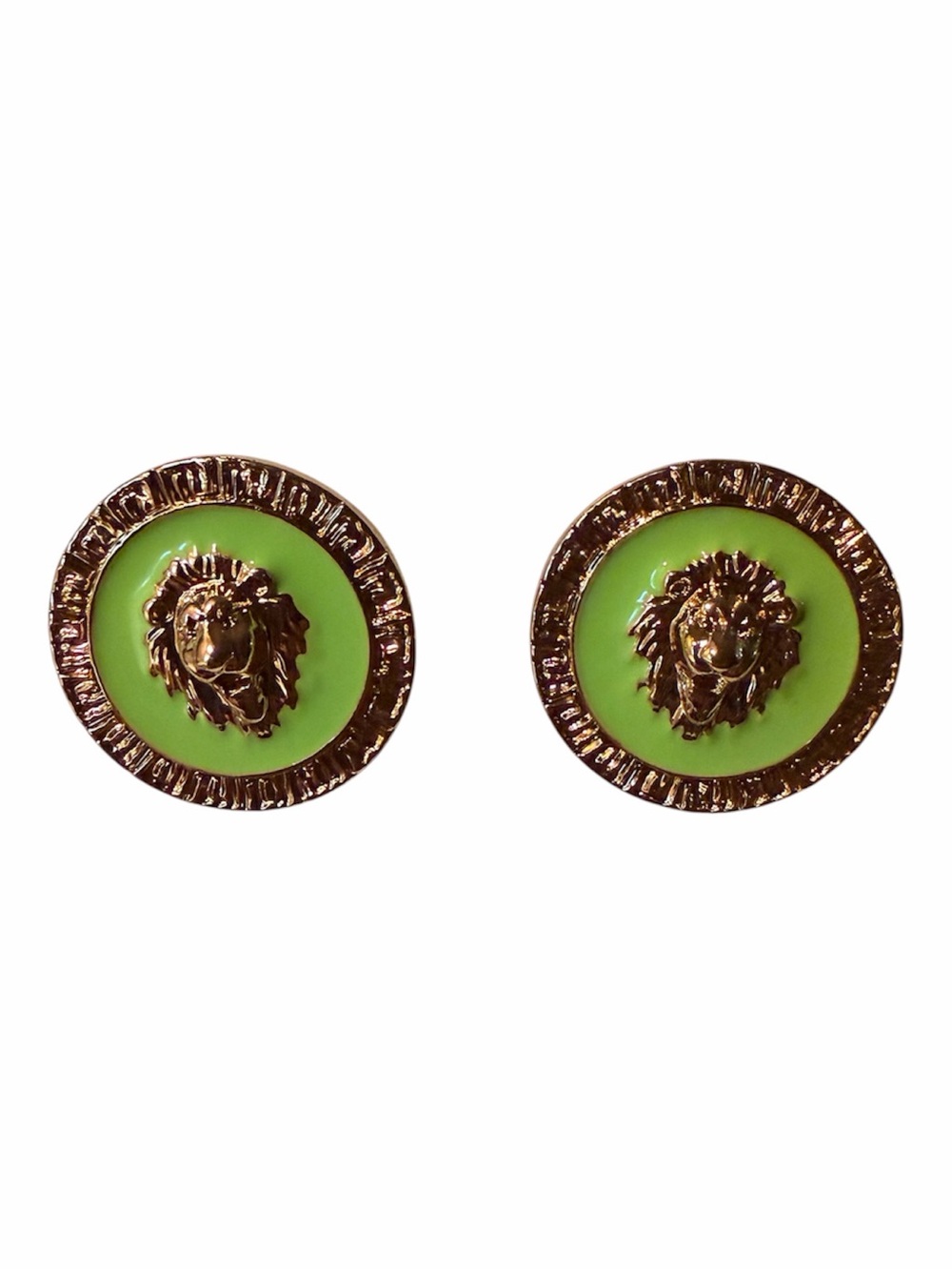Gold Lion Medallion Earrings with Lime Green Enamel Studs